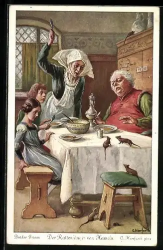Künstler-AK Oskar Herrfurth: Der Rattenfänger von Hameln, Ratten laufen über den Esstisch einer Familie