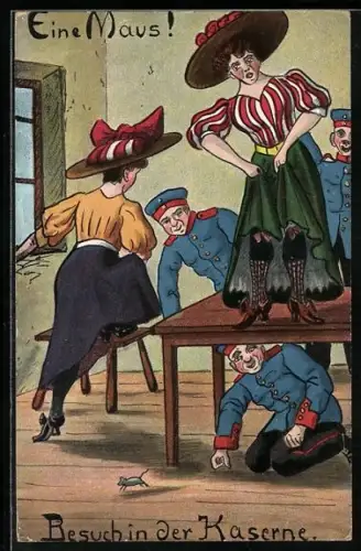 AK Frauen zu Besuch in der Kaserne flüchten vor einer Maus auf einen Tisch