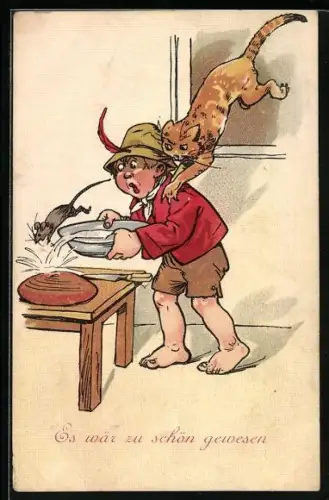 AK Katze springt Mann mit Schüssel an, Maus hüpft davon