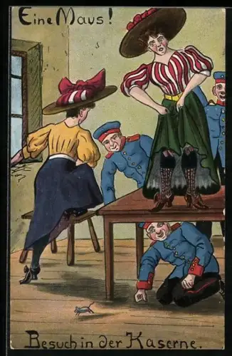 AK Frauen zu Besuch in der Kaserne flüchten vor einer Maus auf einen Tisch