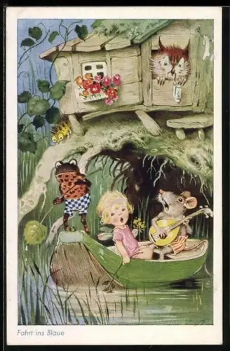 Künstler-AK Fritz Baumgarten: Frosch und Elfe bei einer Fahrt im Ruderboot, Eule schaut aus dem Fenster