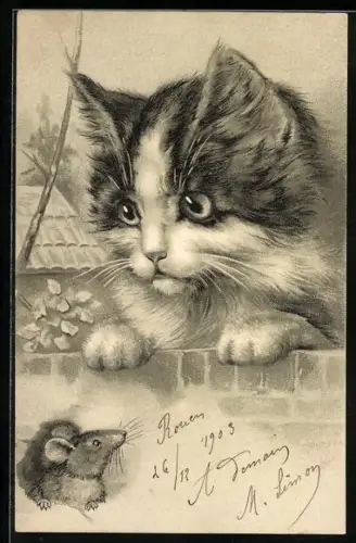 Lithographie Kätzchen und Maus