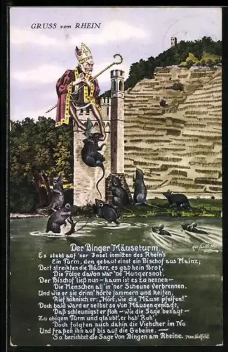 AK Gruss vom Rhein, Bischof aus Mainz auf dem Binger Mäuseturm