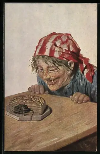 Künstler-AK Hermann Kaulbach: In der Falle, garstiges Weib mit gefangener Maus