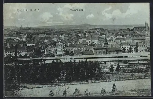 AK Esch a. d. Alz, Totalansicht mit Bahnhof aus der Vogelschau