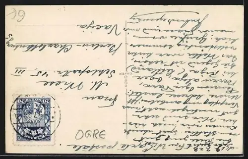 AK Ogre, Flusspartie mit Fussgängerbrücke und bewaldeten Ufern