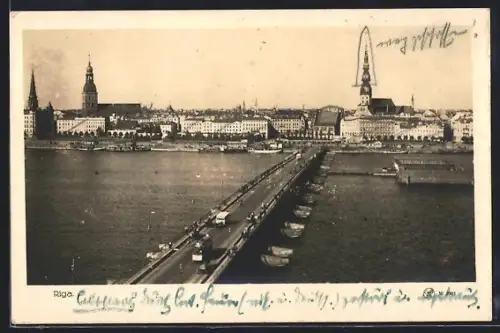 AK Riga, Ansicht der Stadt mit Brücke über die Düna und Kirchen