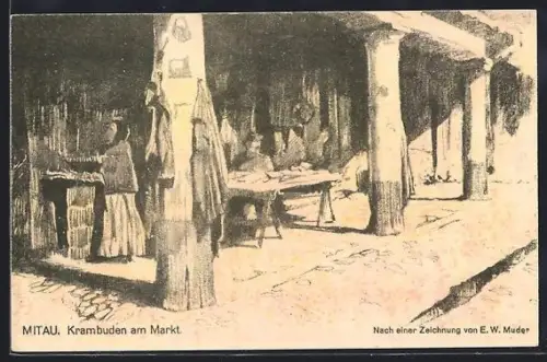 Künstler-AK Mitau, Krambuden am Markt