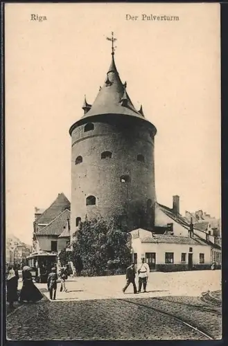 AK Riga, der Pulverturm, Strassenbahn