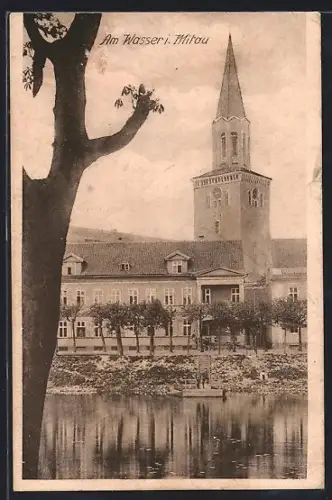 AK Mitau, Blick vom Wasser zum Kirchturm
