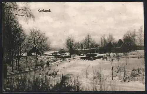 AK Kurland, Zerstörte Wohnhäuser und Wirtschaftsgebäude im Winter