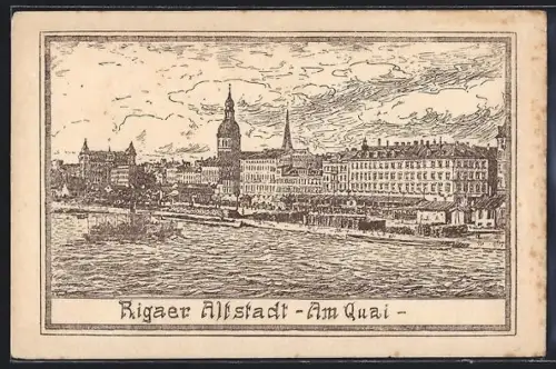 AK Riga, Blick auf die Altstadt am Quai