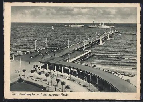 AK Zoppot, Seebrücke und Passagierschiffe auf der Reede