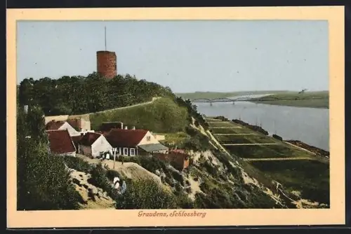 AK Graudenz, Schlossberg mit Fernblick auf die Weichselbrücke
