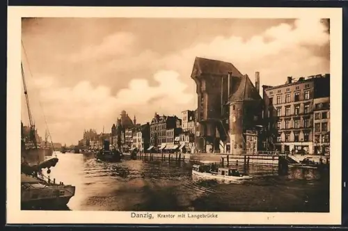 AK Danzig, Krantor und Langebrücke an der Mottlau