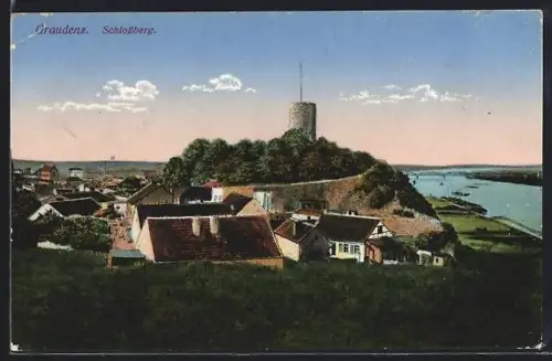 AK Graudenz, Schlossberg und Weichselbrücke im Hintergrund