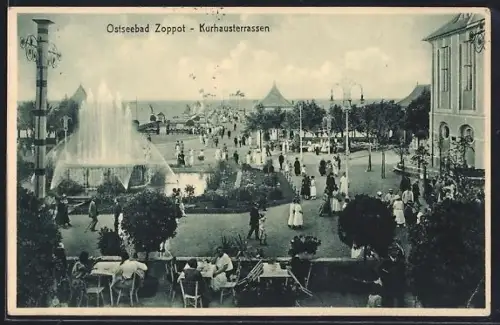 AK Zoppot, Kurhausterrassen mit Wasserspielen und Fernblick auf die Ostsee