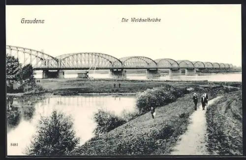 AK Graudenz, Weichselbrücke und Uferwege an der Weichsel