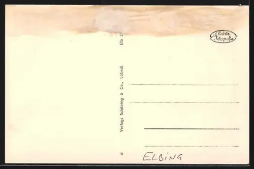 AK Elbing, Blick auf die Speichergebäude, Frachtschiff Pax an der Kaimauer