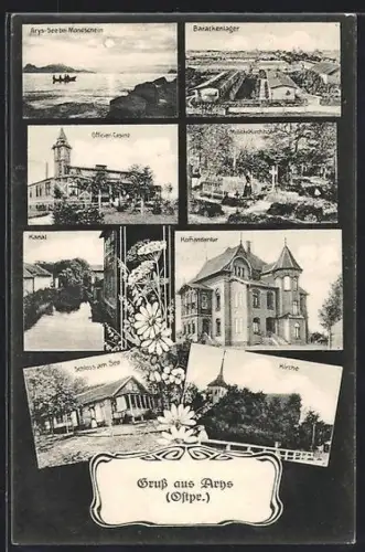 AK Arys /Ostpr., Arys-See, Kommandantur, Schloss am See, Kirche, Militärkirchhof, Barackenlager