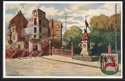 Künstler-AK Ortelsburg, Rathausplatz mit Garten und Kriegerdenkmal