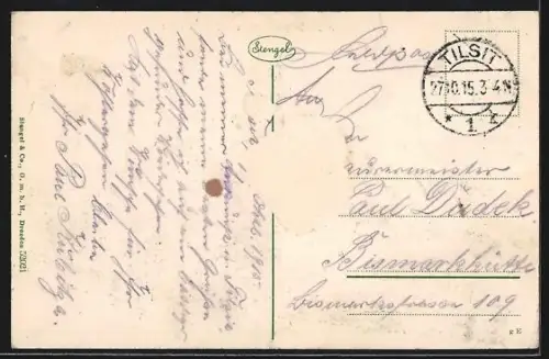 AK Tilsit, Deutsche Strasse mit Rathaus und Stadtkirche, Strassenbahn