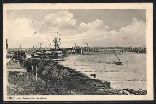 AK Tilsit, Ortsansicht vom Engelsberg gesehen, Königin-Luise-Brücke über die Memel