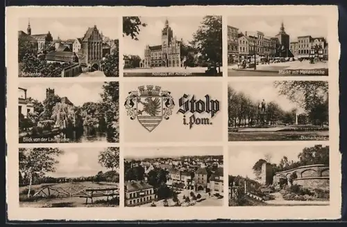 AK Stolp i. Pom., Mühlentor, Markt mit Marienkirche, Bismarkplatz, Rathaus
