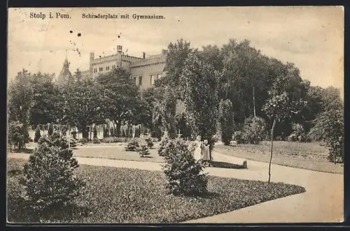 AK Stolp i. Pom., Schraderplatz mit Gymnasium