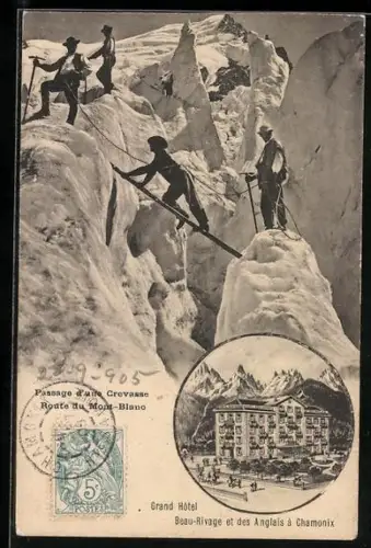 AK Chamonix, Grand Hôtel, Beau-Rivage et des Anglais, Passage d`une Crevasse, Route du Mont-Blanc