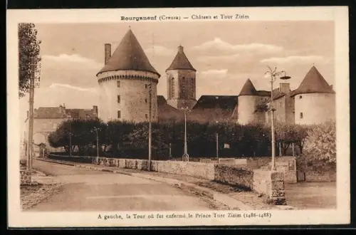AK Bourganeuf /Creuse, Château et Tour Zizim avec la tour du Prince Turc Zizim, 1486-1488, à gauche