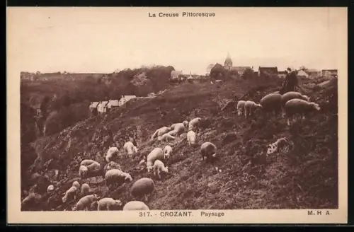 AK Crozant /Creuse, Paysage avec troupeau de moutons et vue du village en arrière-plan