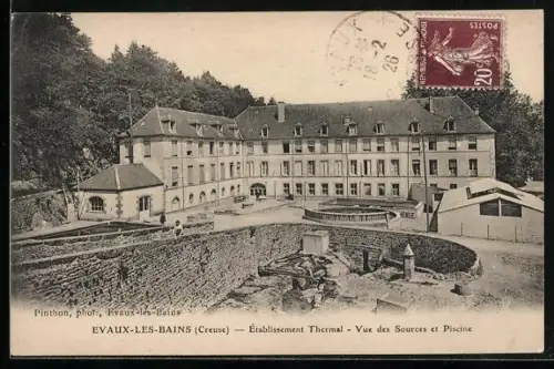 AK Evaux-les-Bains /Creuse, Établissement Thermal, Vue des Sources et Piscine