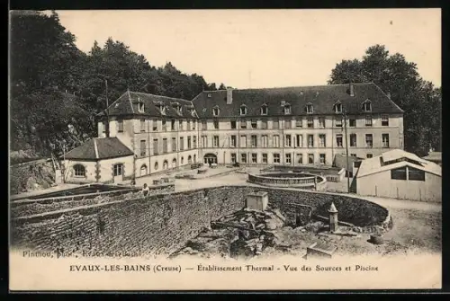 AK Evaux-les-Bains /Creuse, Établissement Thermal, Vue des Sources et Piscine