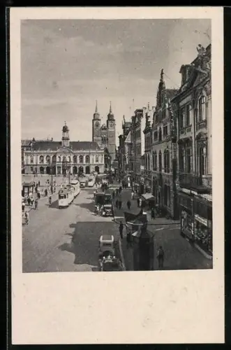 AK Magdeburg, Alter Marktplatz mit Strassenbahn und Geschäften