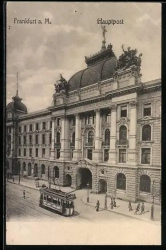 AK Frankfurt a. M., Strassenbahn vor der Hauptpost