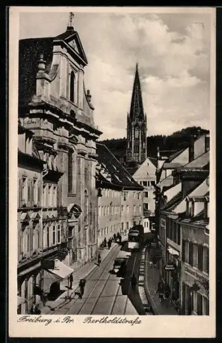 AK Freiburg i. Br., Strassenbahn in der Bertholdstrasse
