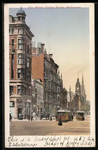 AK Melbourne, The Block, Collins Street, Strassenbahn