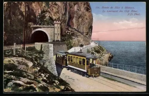 AK Route de Nice à Monaco, Le tournant du Cap Roux, Strassenbahn