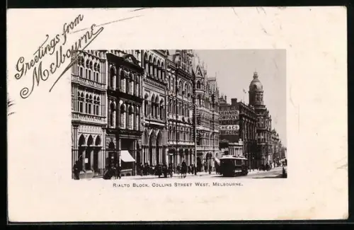 AK Melbourne, Rialto Block, Collins Street West, Strassenbahn