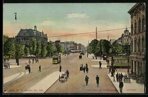 AK Anvers, Le Place de la Commune, Strassenbahn