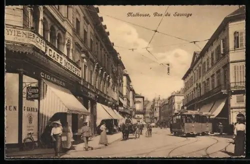 AK Mulhouse, Rue du Sauvage, Strassenbahn