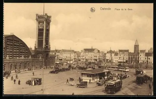 AK Ostende, Place de la Gare, Strassenbahn