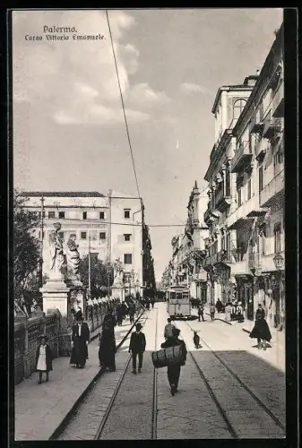 AK Palermo, Corso Vittorio Emanuele, Strassenbahn
