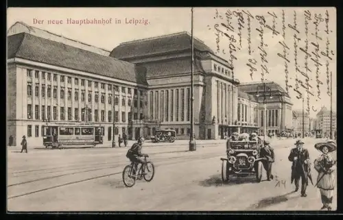 AK Leipzig, Neuer Hauptbahnhof mit Strassenbahn