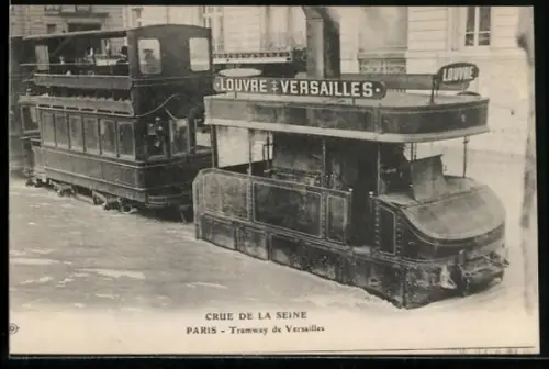 AK Paris, Crue de la Seine, Tramway de Versailles, Strassenbahn