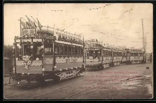 AK Tokyo, Tokyo Railway Company welcomes foreign visitors 1908, Strassenbahn