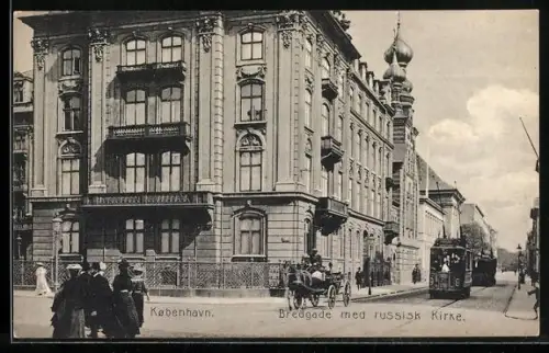 AK Kobenhavn, Bredgade med russik Kirke, Strassenbahn