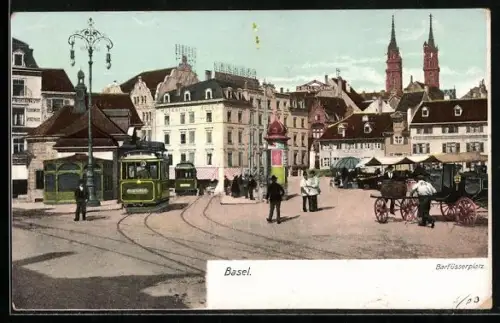 AK Basel, Barfüsserplatz mit Strassenbahnen