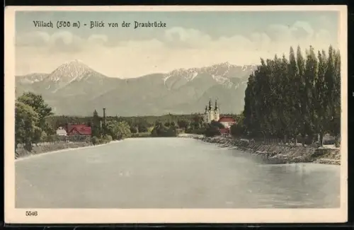 AK Villach, Ortspartie mit Türmen von der Draubrücke aus